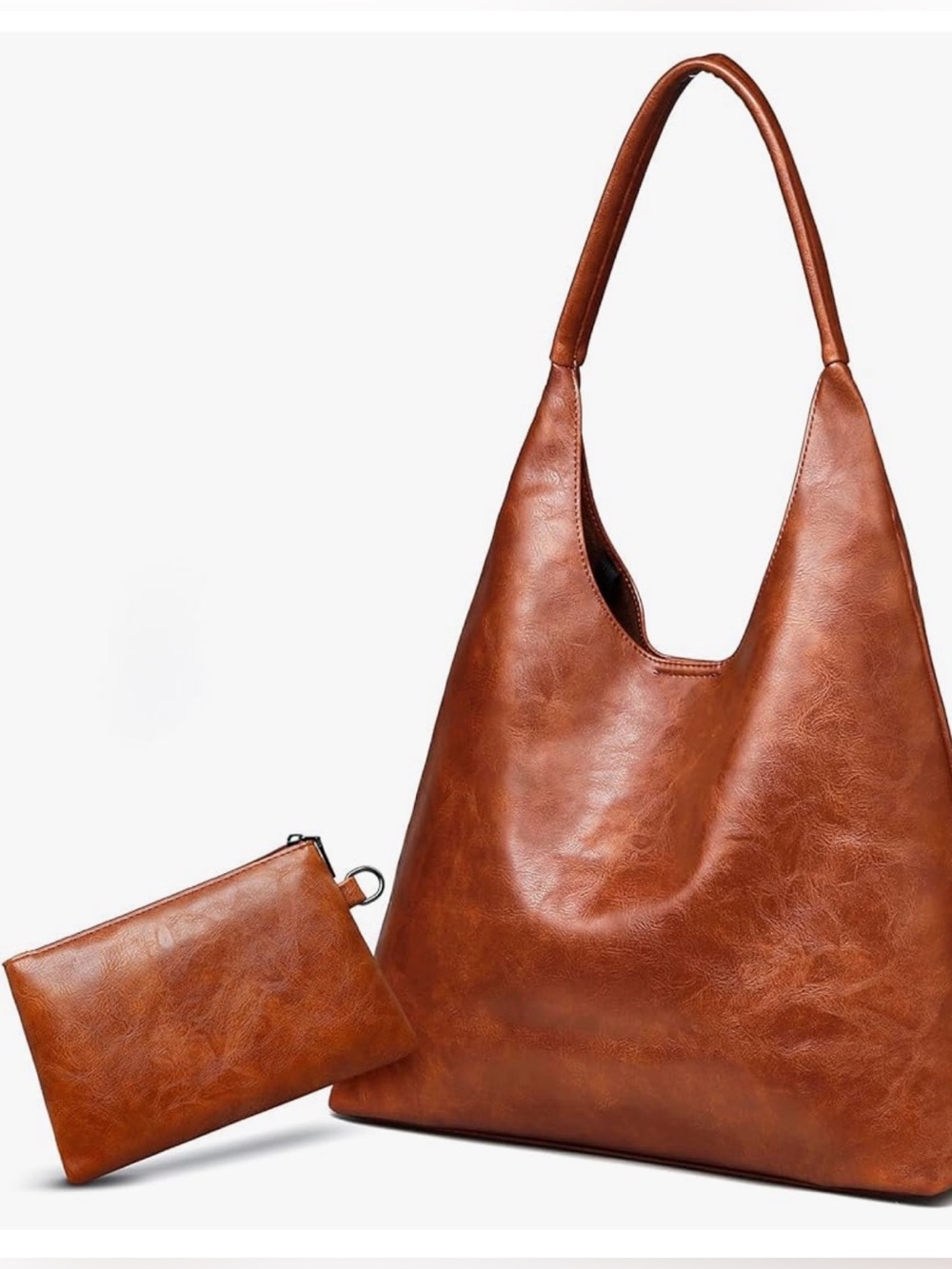 Retro Vegan Leather Slouchy Hobo Tote Bag -Minimalist Matching Pouch - Brown